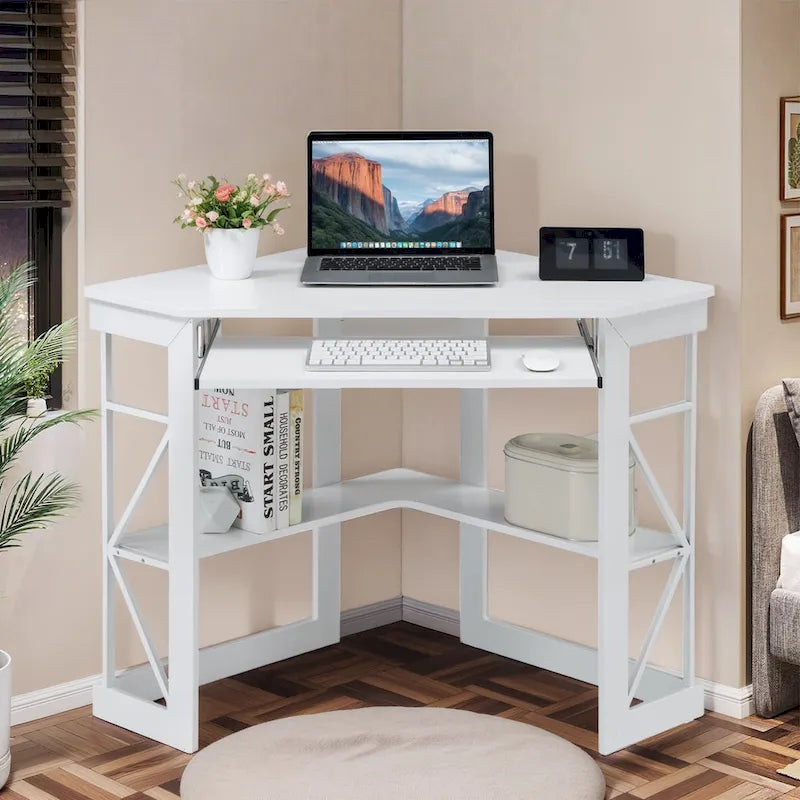 Javlergo Corner Desk with Keyboard Tray, Study Writing Computer Table for College Dorm Home Office