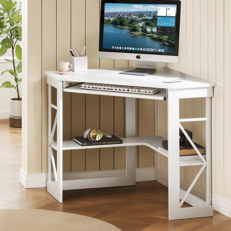 Javlergo Corner Desk with Keyboard Tray, Study Writing Computer Table for College Dorm Home Office
