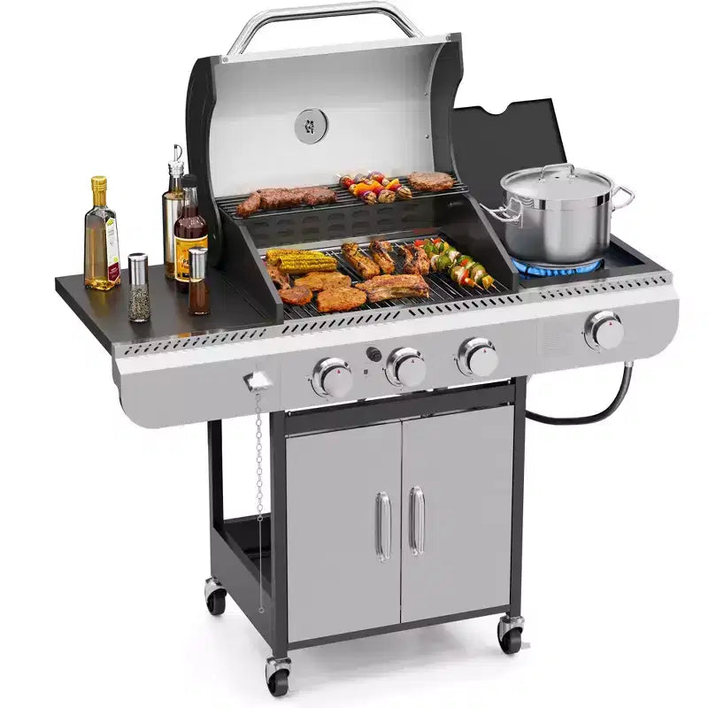 R.W. FLAME BBQ Gas Grill  34,000 BTU Propane, Enamel Grates, Removable Grease Tray, Ideal for Outdoor Cooking, Camping, Backyard, Patio & Deck