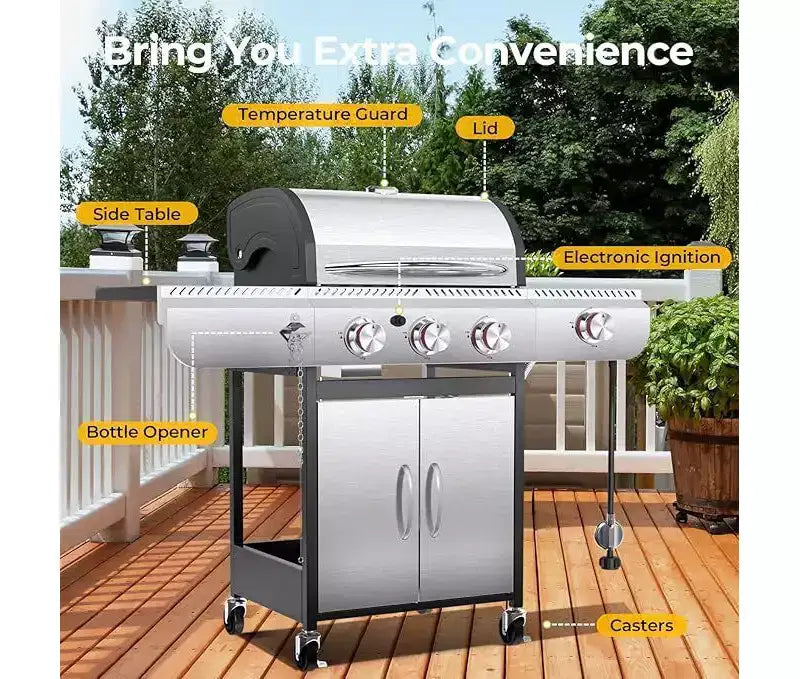 R.W. FLAME BBQ Gas Grill  34,000 BTU Propane, Enamel Grates, Removable Grease Tray, Ideal for Outdoor Cooking, Camping, Backyard, Patio & Deck