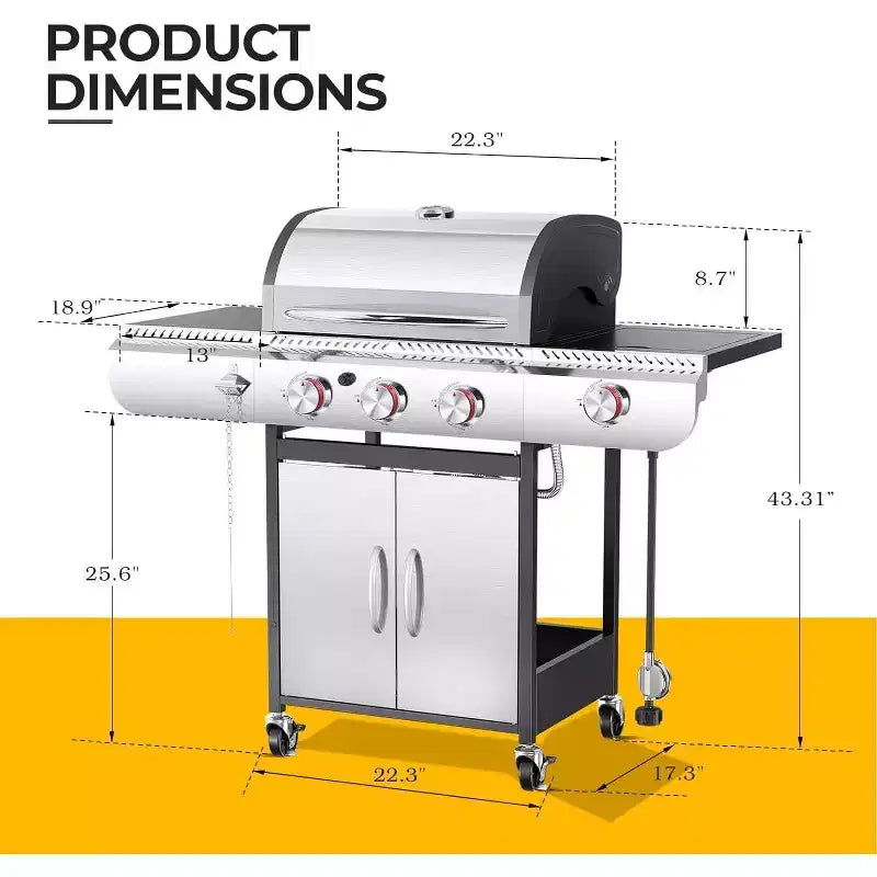 R.W. FLAME BBQ Gas Grill  34,000 BTU Propane, Enamel Grates, Removable Grease Tray, Ideal for Outdoor Cooking, Camping, Backyard, Patio & Deck