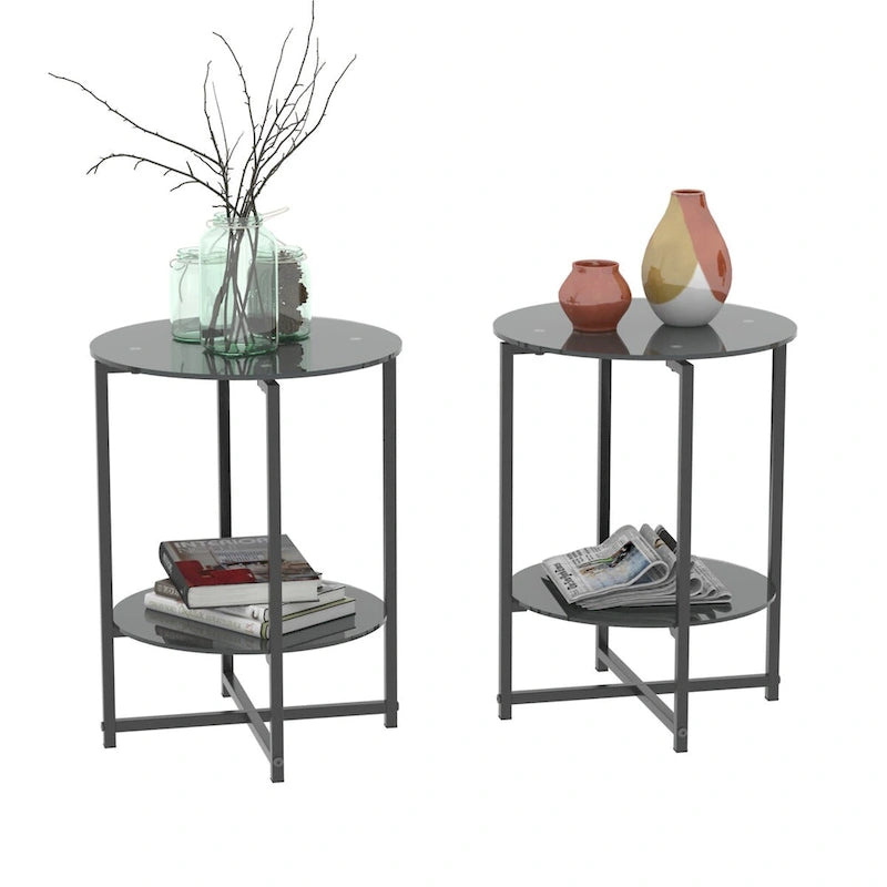 2-piece set,Tempered Glass End Table, Round Coffee Table for Bedroom Living Room Office