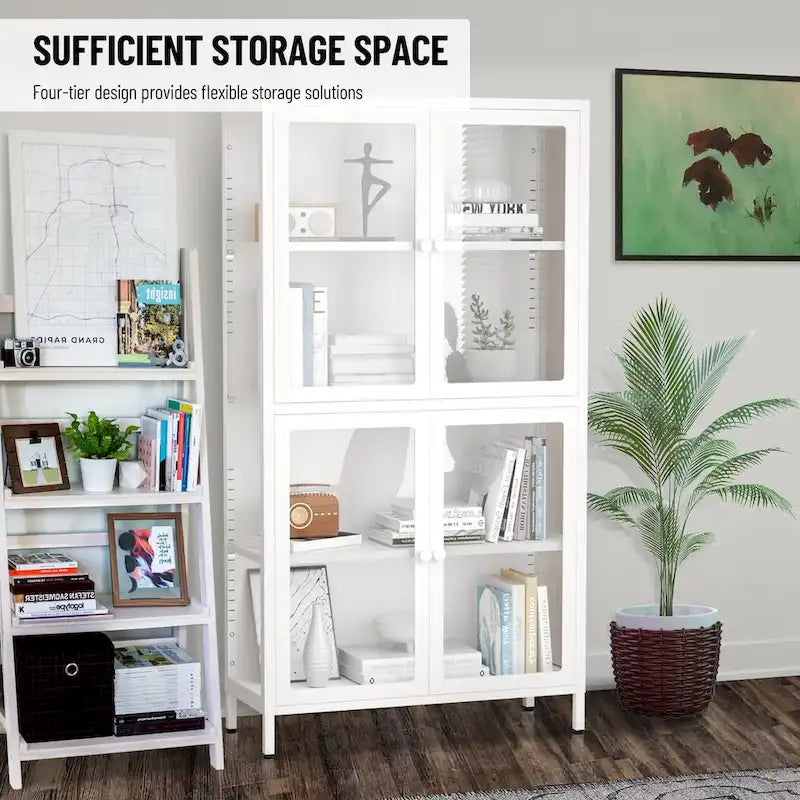 Four Glass Door Storage Cabinet with Adjustable Shelves and Feet Cold-Rolled Steel Sideboard Furniture