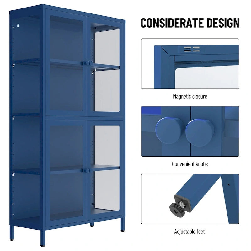Four Glass Door Storage Cabinet with Adjustable Shelves and Feet Cold-Rolled Steel Sideboard Furniture