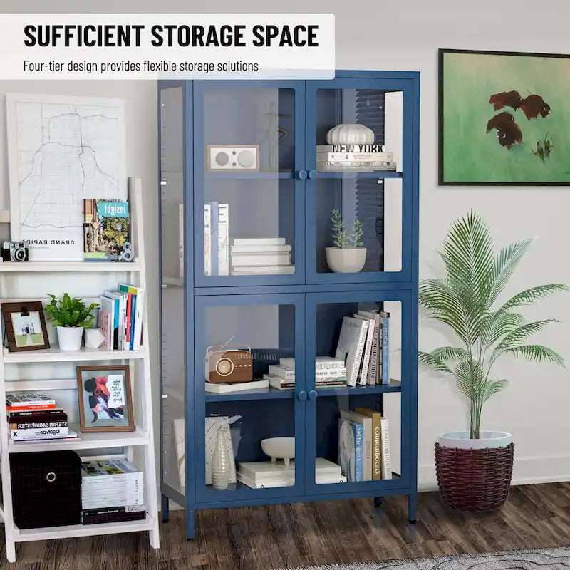 Four Glass Door Storage Cabinet with Adjustable Shelves and Feet Cold-Rolled Steel Sideboard Furniture