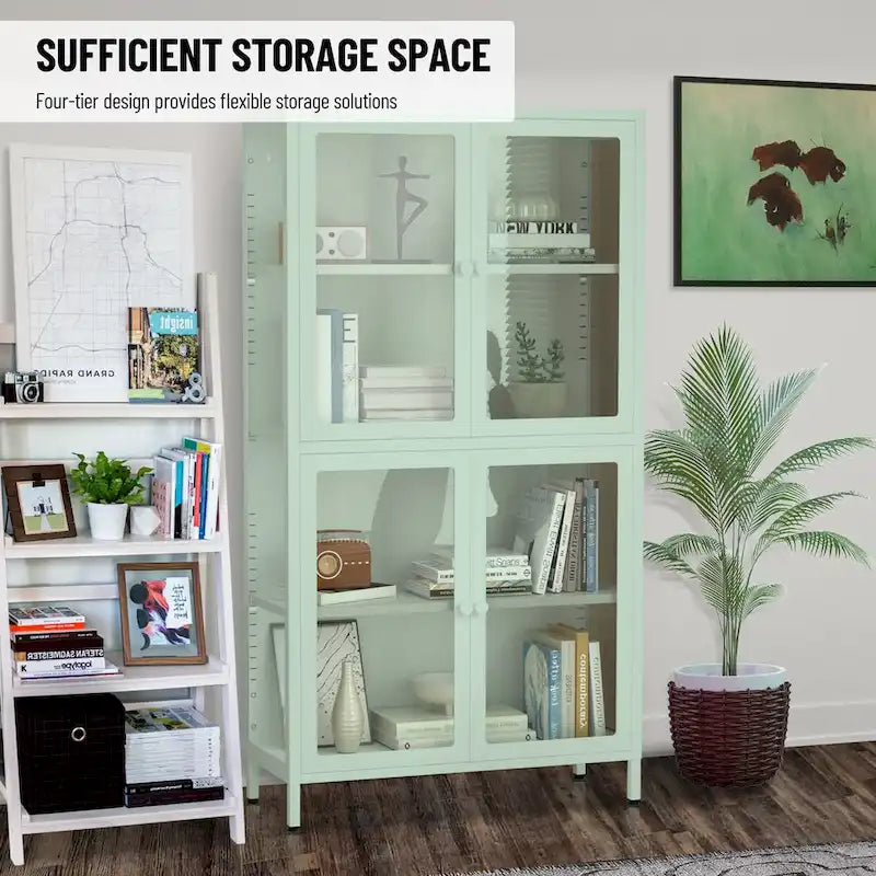 Four Glass Door Storage Cabinet with Adjustable Shelves and Feet Cold-Rolled Steel Sideboard Furniture