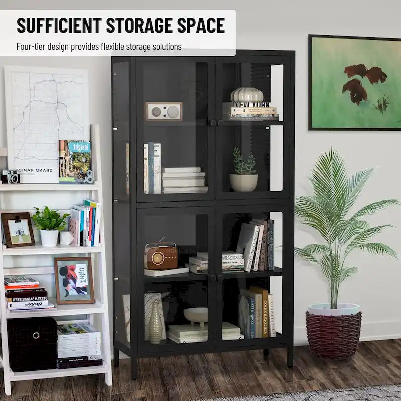 Four Glass Door Storage Cabinet with Adjustable Shelves and Feet Cold-Rolled Steel Sideboard Furniture