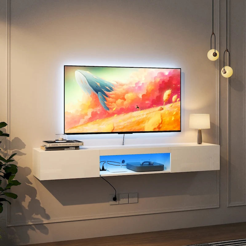 White Wall Mounted Floating TV Stand with 16-Color LED Lights for 65 Inch TV