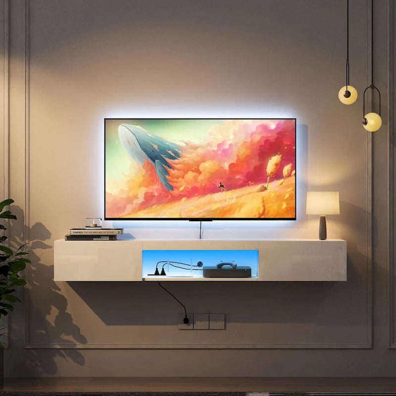 White Wall Mounted Floating TV Stand with 16-Color LED Lights for 65 Inch TV