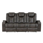 Mia 83 Inch Power Double Recliner Sofa, Gray Faux Leather, USB, Drop Table