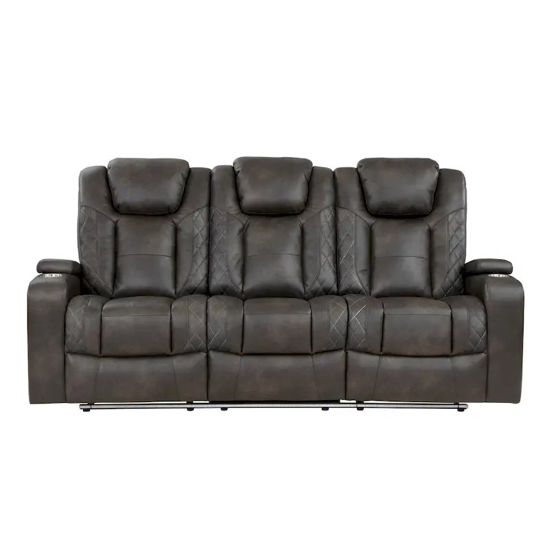 Mia 83 Inch Power Double Recliner Sofa, Gray Faux Leather, USB, Drop Table