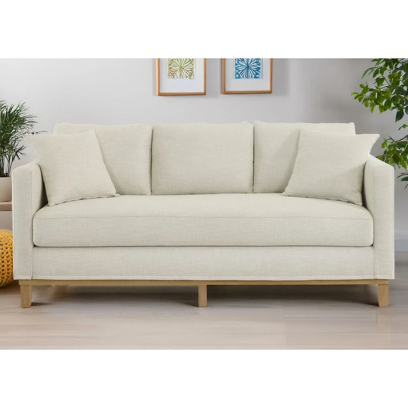 Canapé 3 places rembourré Brookside Jolene avec base en bois et coussins décoratifs