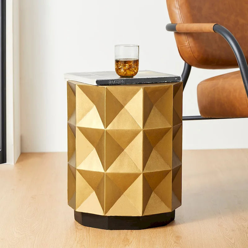 Glitzhome 17H Antique Gold MGO Geometric Side Table or Accent Stool - 14L x 14W x 17H