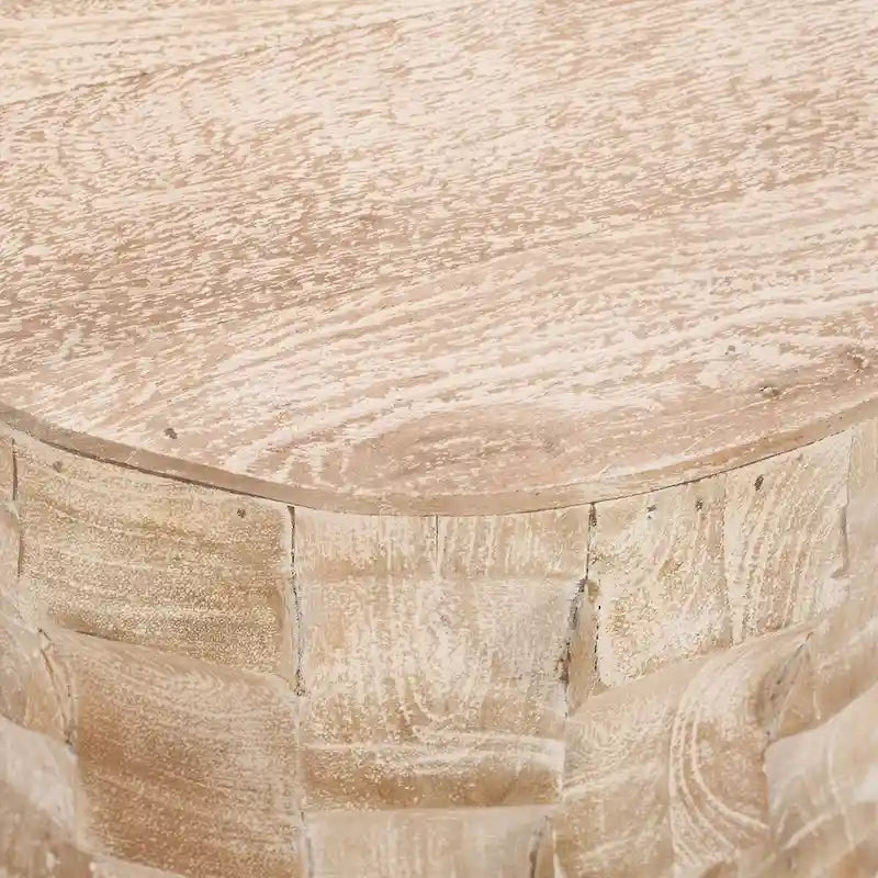 20 Inch Side End Table, Round Drum Shape with 3D Textured Design, Distressed White Finish