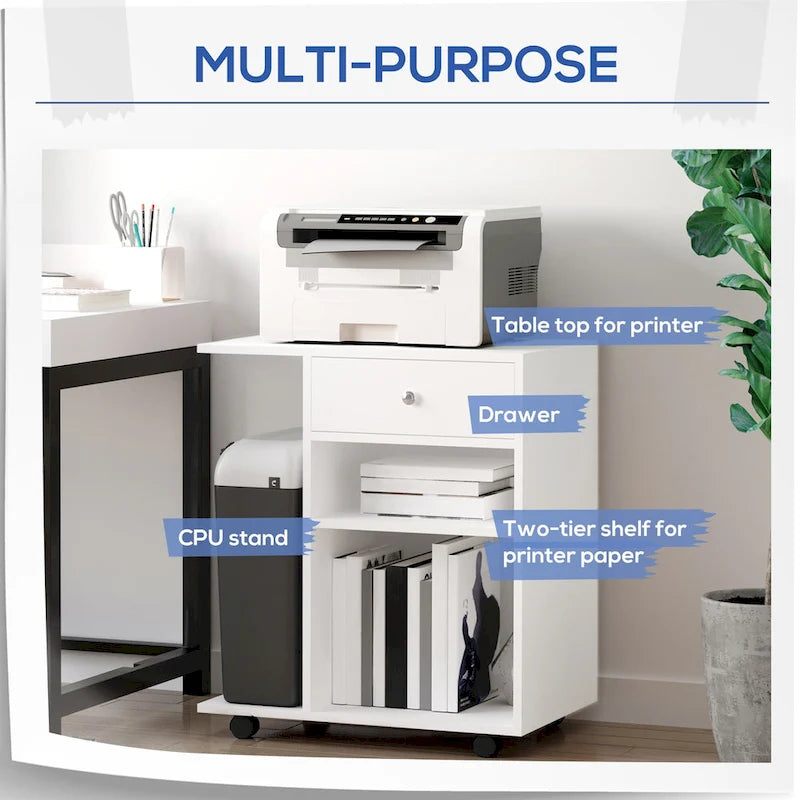 Mobile Printer Stand, Rolling File Cabinet Cart with Wheels, Adjustable Shelf, Drawer and CPU Stand, White