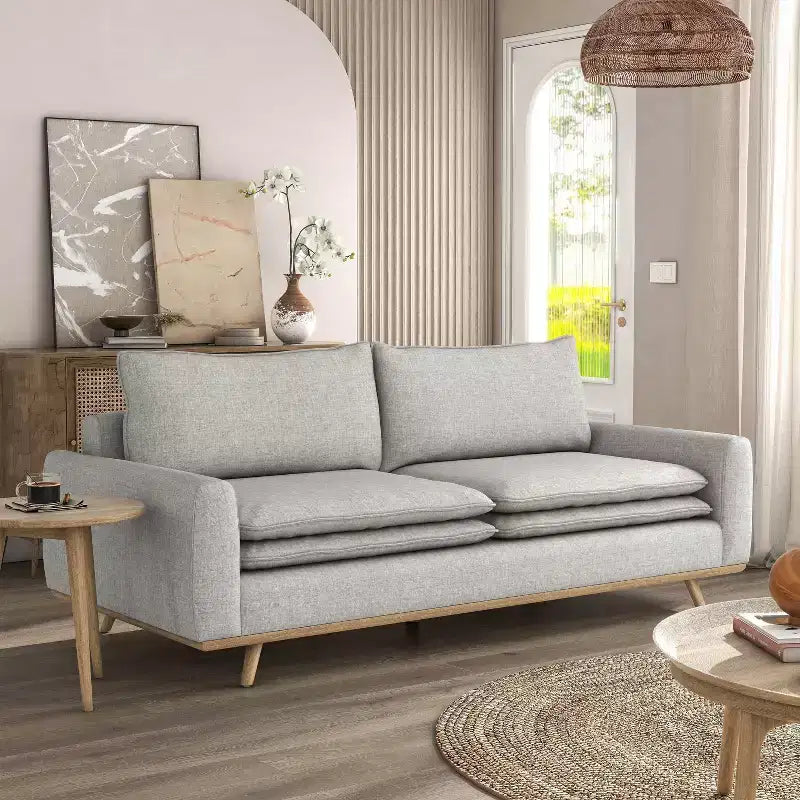 MAISONS : Intérieur et Extérieur Canapé mi-siècle Gubera 82" en mélange de coton et de lin avec coussins en mélange de plumes