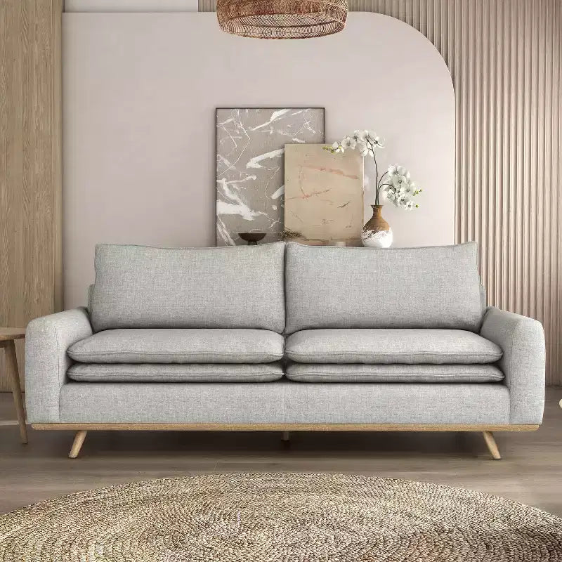 MAISONS : Intérieur et Extérieur Canapé mi-siècle Gubera 82" en mélange de coton et de lin avec coussins en mélange de plumes