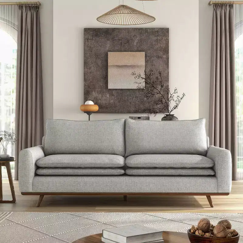 MAISONS : Intérieur et Extérieur Canapé mi-siècle Gubera 82" en mélange de coton et de lin avec coussins en mélange de plumes
