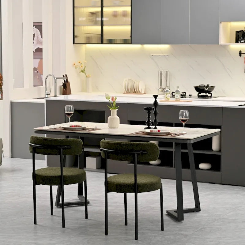 Boucle Dining Chairs Set of 2,Mid-Century Modern Curved Backrest Chair,Round Upholstered Kitchen Chairs