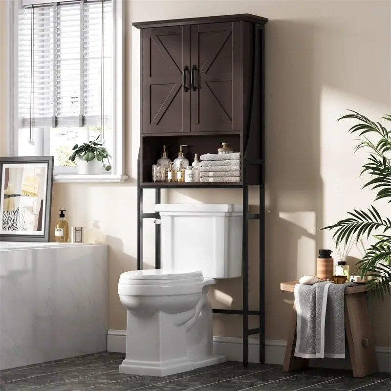 Over-the-Toilet Storage Cabinet with 2 Doors and Open Shelf - 69 Inch