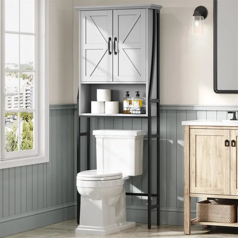 Meuble de rangement sur pied pour toilettes avec 2 portes et étagère ouverte - 175 cm