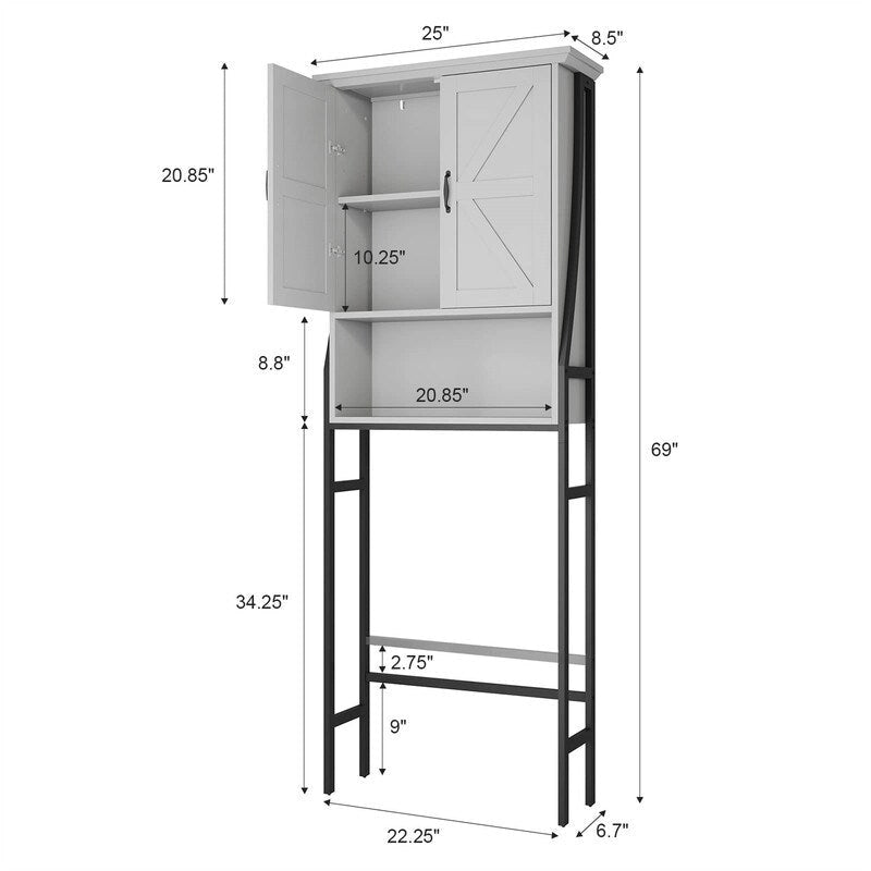 Meuble de rangement sur pied pour toilettes avec 2 portes et étagère ouverte - 175 cm