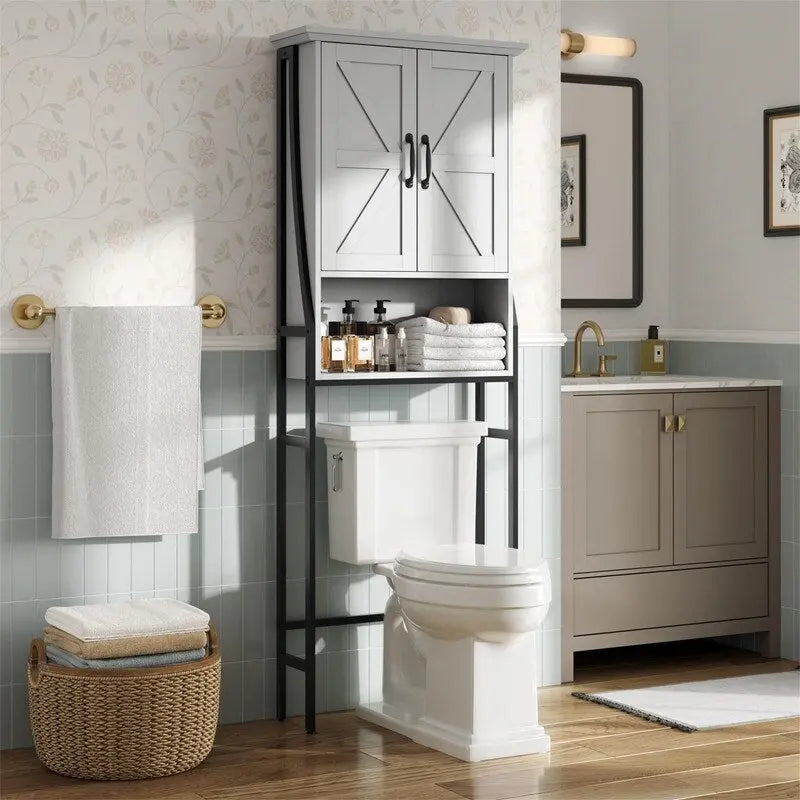 Meuble de rangement sur pied pour toilettes avec 2 portes et étagère ouverte - 175 cm