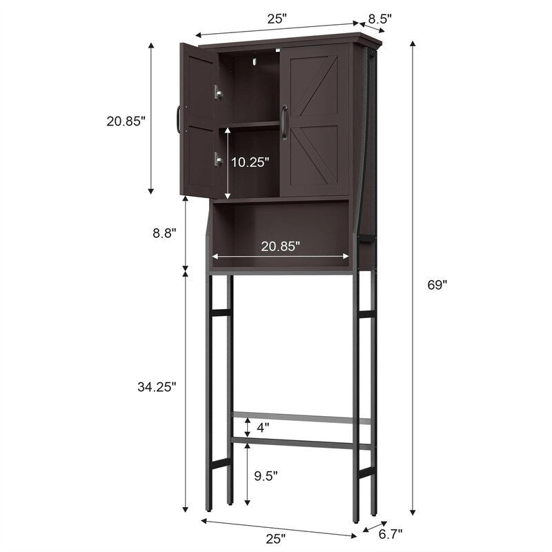 Meuble de rangement sur pied pour toilettes avec 2 portes et étagère ouverte - 175 cm