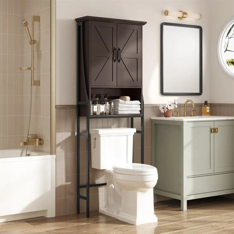 Meuble de rangement sur pied pour toilettes avec 2 portes et étagère ouverte - 175 cm