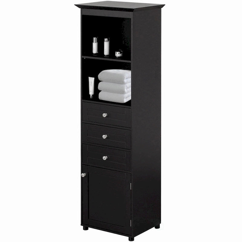 Tall Freestanding Storage Organizer Linen Tower, Vanity Closet, Bathroom Cabinet with 2 Open shelves, 3 Drawers, and a Closet