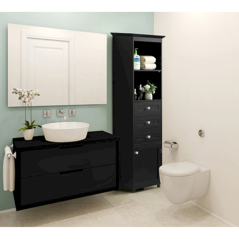Tall Freestanding Storage Organizer Linen Tower, Vanity Closet, Bathroom Cabinet with 2 Open shelves, 3 Drawers, and a Closet