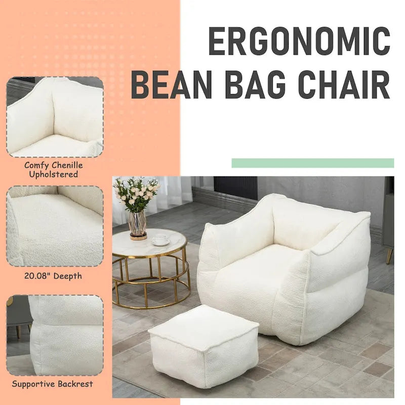 Boucle Upholstered Deep Seat Armless Square Bean Bag Chair with Ottoman