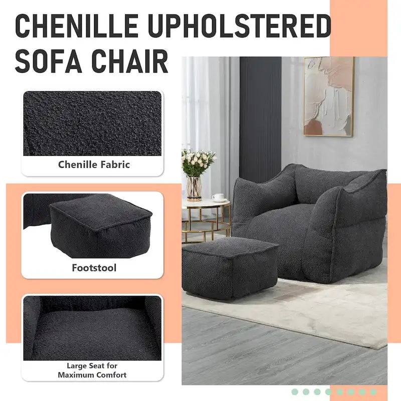 Boucle Upholstered Deep Seat Armless Square Bean Bag Chair with Ottoman