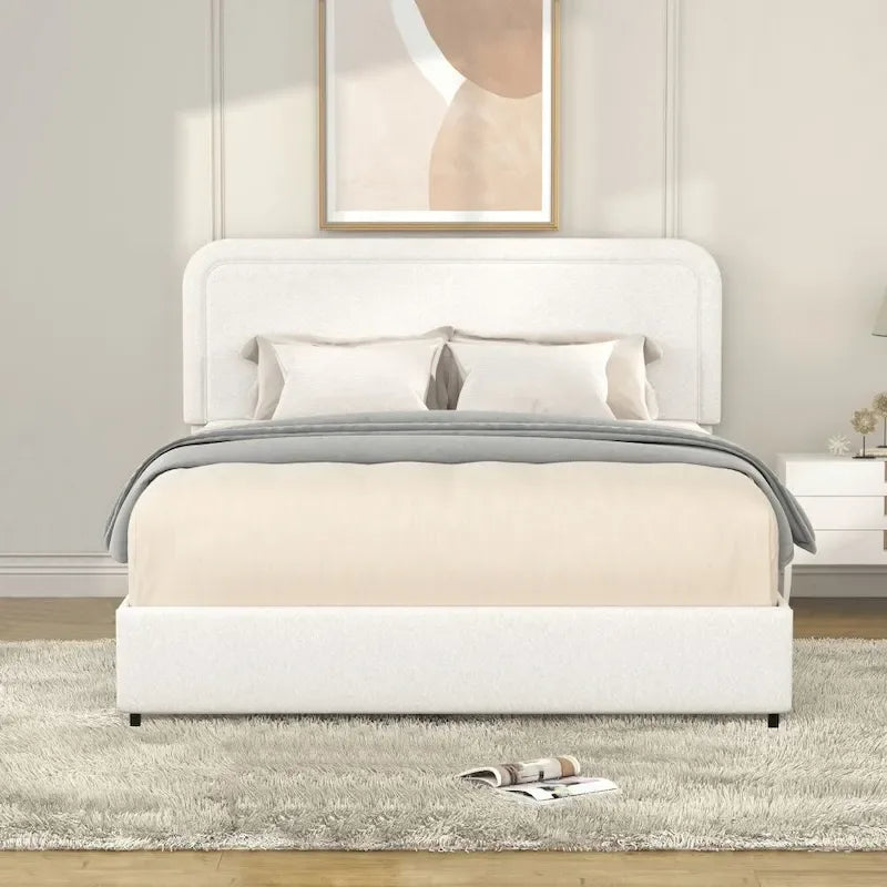 Lit plateforme rembourré en bouclette ivoire Queen Size
