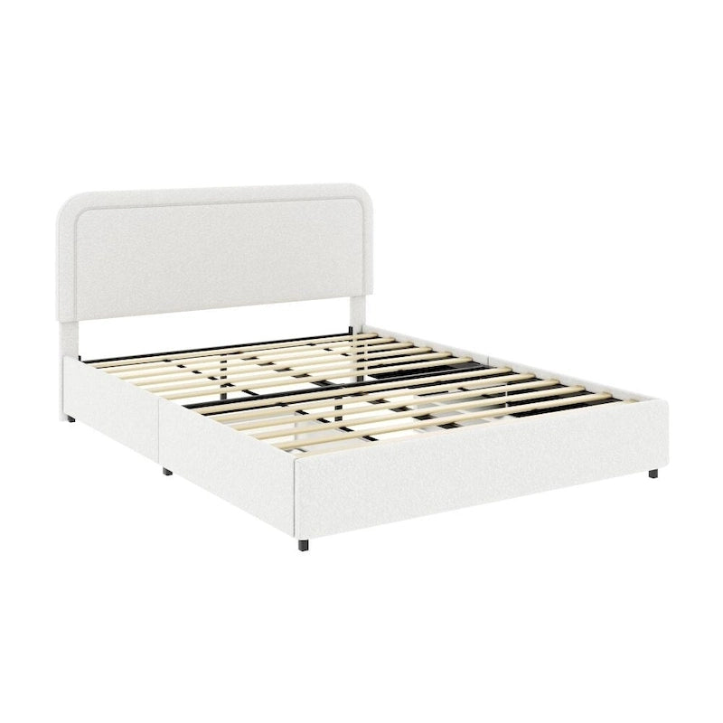 Lit plateforme rembourré en bouclette ivoire Queen Size