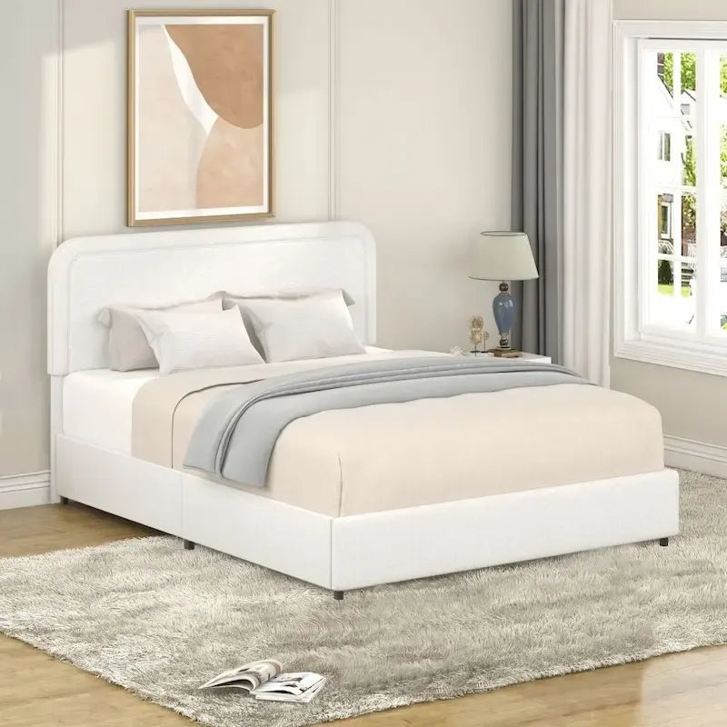 Lit plateforme rembourré en bouclette ivoire Queen Size