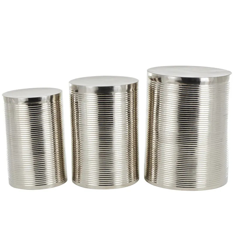 Metal Ribbed or Metallic Ribbed Drum Side End Accent Table - Set of 3 Silver or Gold - Roche River Decor