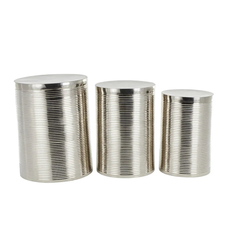 Metal Ribbed or Metallic Ribbed Drum Side End Accent Table - Set of 3 Silver or Gold - Roche River Decor