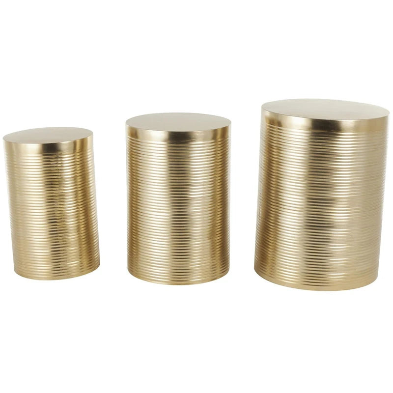 Metal Ribbed or Metallic Ribbed Drum Side End Accent Table - Set of 3 Silver or Gold - Roche River Decor