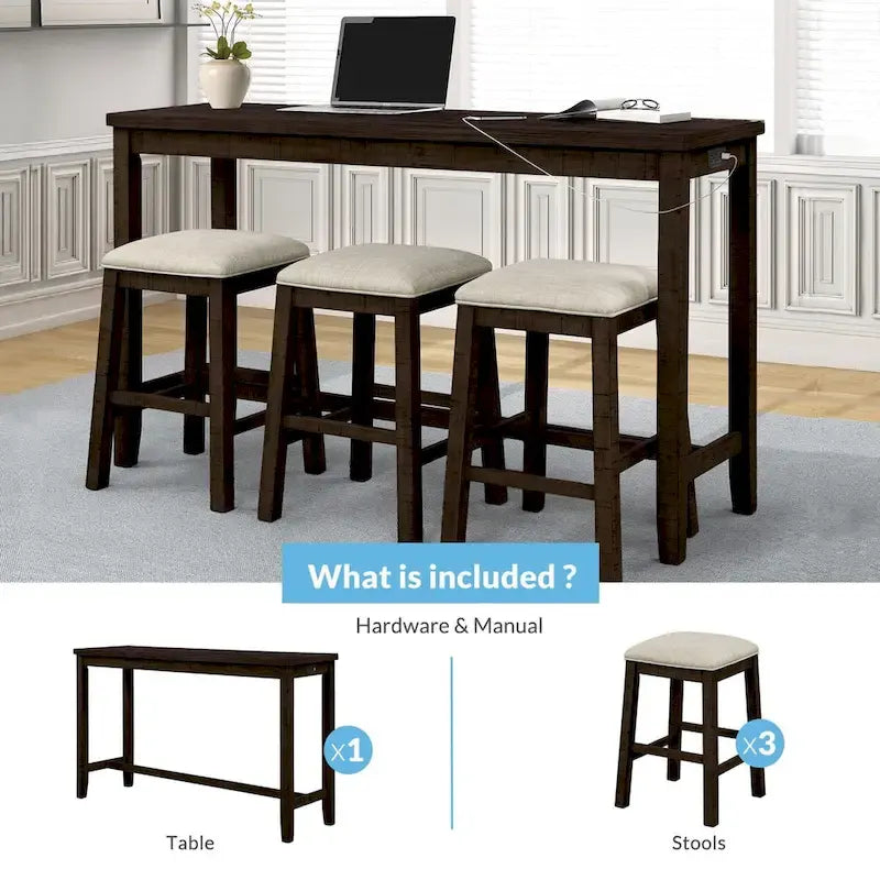 Table hauteur comptoir 4 pièces avec tabourets rembourrés en tissu