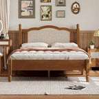Wooden Platform Bed with Natural Rattan Headboard