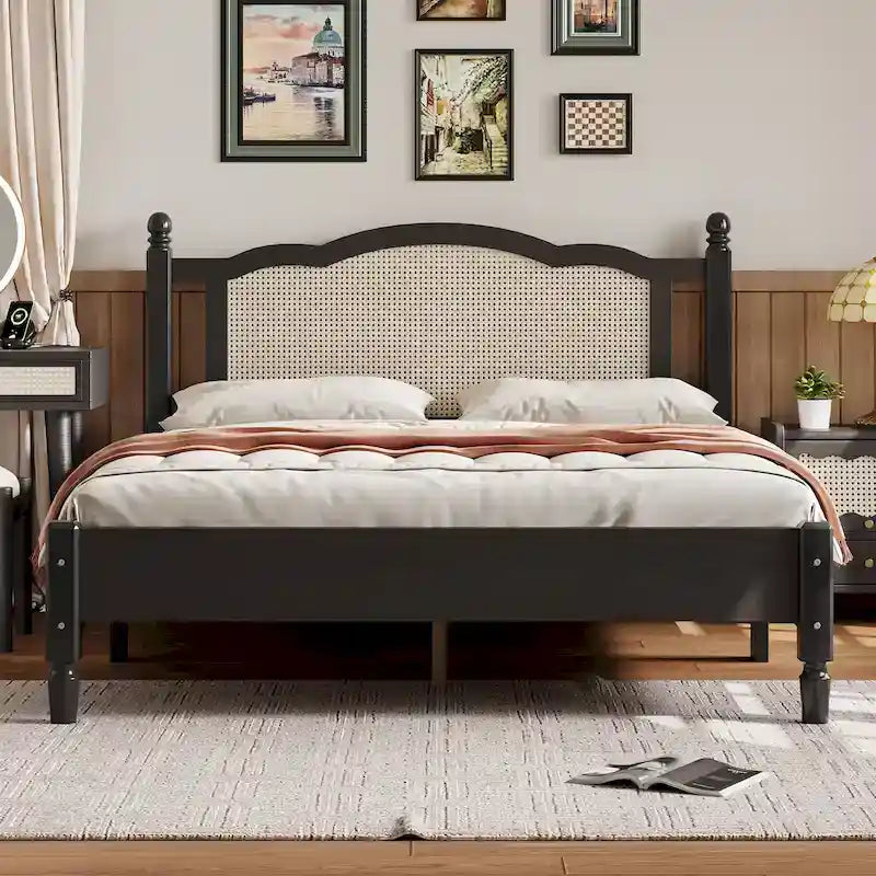 Wooden Platform Bed with Natural Rattan Headboard