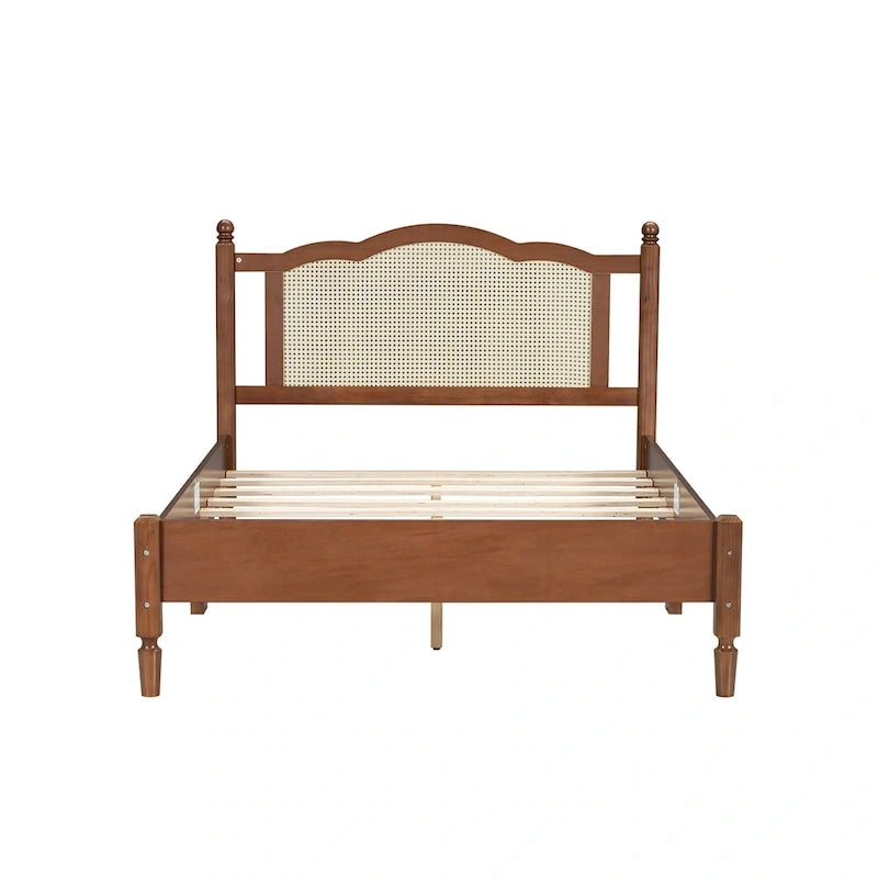 Wooden Platform Bed with Natural Rattan Headboard