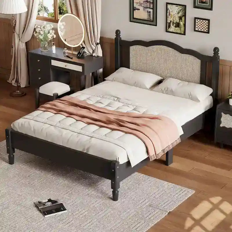 Wooden Platform Bed with Natural Rattan Headboard