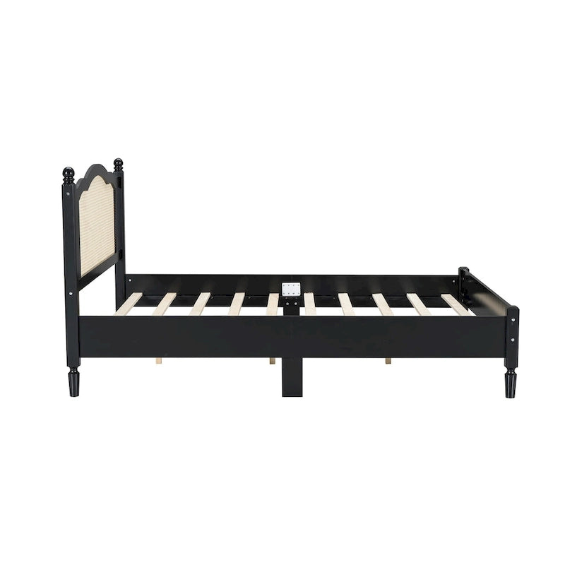 Wooden Platform Bed with Natural Rattan Headboard