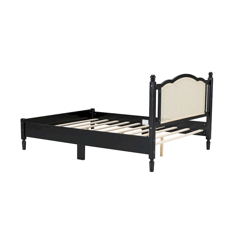 Wooden Platform Bed with Natural Rattan Headboard