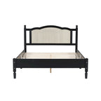 Wooden Platform Bed with Natural Rattan Headboard