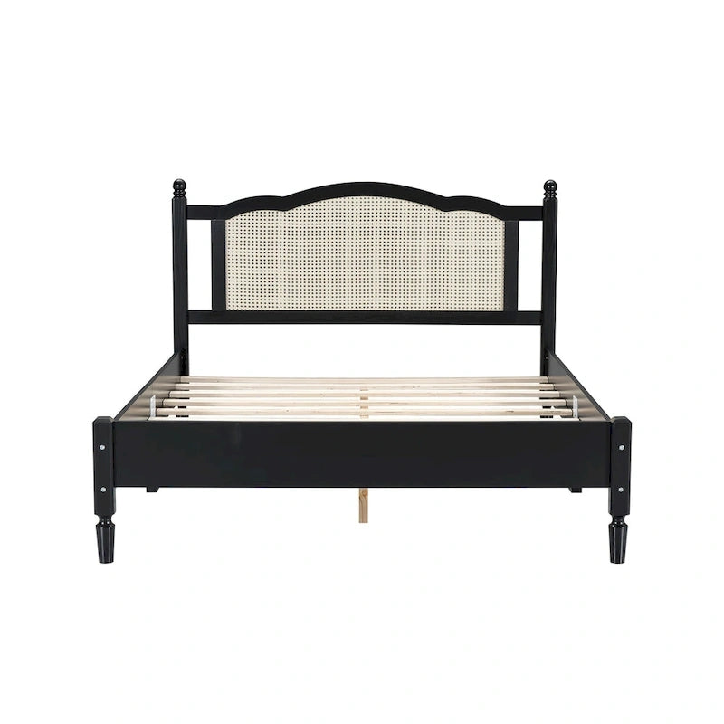 Wooden Platform Bed with Natural Rattan Headboard