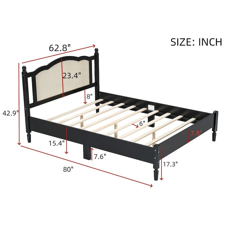 Wooden Platform Bed with Natural Rattan Headboard