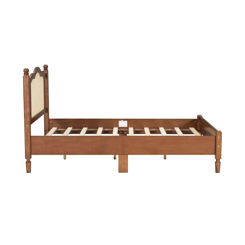 Wooden Platform Bed with Natural Rattan Headboard